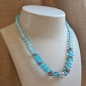 Aqua Blue 17" Graduated Faceted Glass Bead & Rhinestone Sphere Necklace